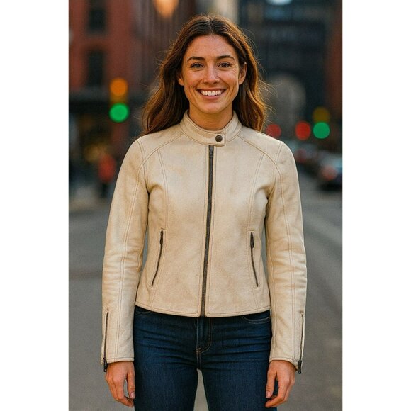 Danier Ladies White Motorcycle Leather Jacket XS Distressed - Picture 1 of 7